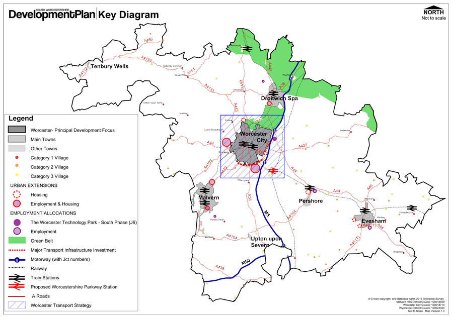 Map illustrating the development strategy and policies across South Worcestershire